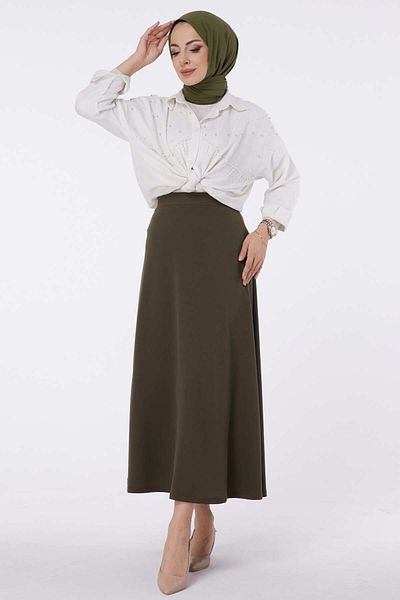 TOFİSA Khaki Colored Straight Cut Medium Women's Skirt - 23643