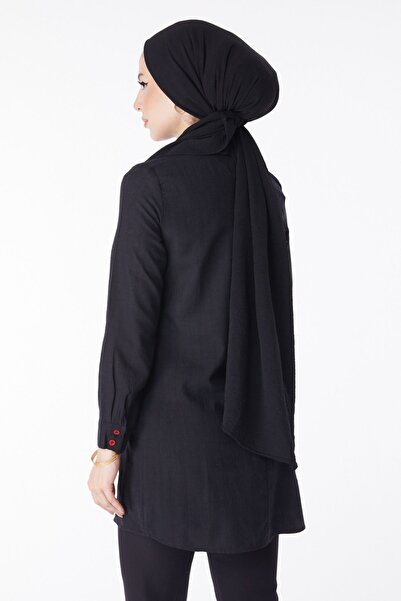 TOFİSA Flat Shirt Collar Women's Black Tassel Detailed Tunic - 13159