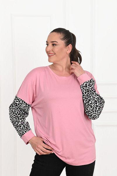 Koza Butik Λεοπάρ μανίκι μπλούζα με λεπτομέρειες - 1377-23