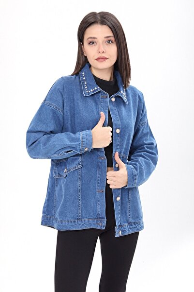 TOFİSA Blue Stone Detailed Straight Shirt Collar Women's Denim Jacket - 23622