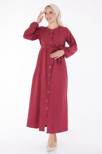 TOFİSA Claret Red Women's Dress - Plain Crew Neck - 13206