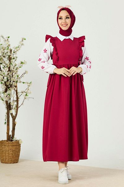 TOFİSA Claret Red Shirt Dress Plain Crew Neck - 10510