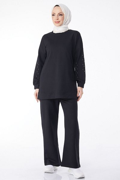 TOFİSA Black Rhinestone Sleeve Straight Crew Neck Women's Tracksuit Set - 13131