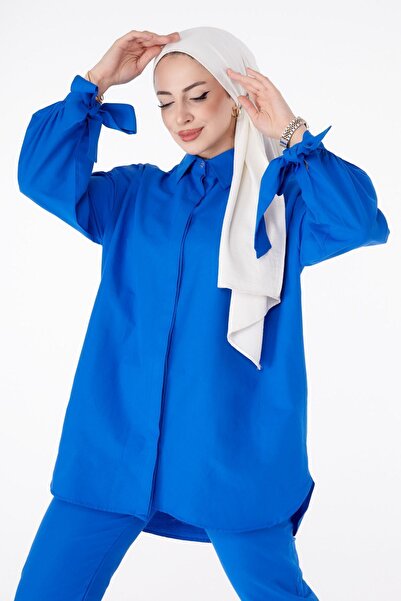 TOFİSA Απλό πουκάμισο γιακά μπλε τουνίκ και παντελόνι σετ για γυναίκες - 13182