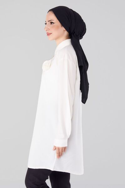 TOFİSA Ecru Rose Accessory Women's Tunic - Plain Shirt Collar - 25243