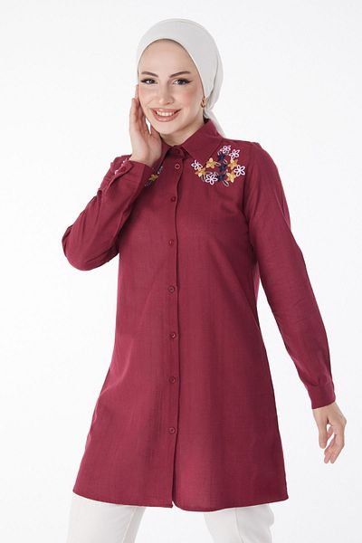 TOFİSA Flat Shirt Collar Women's Burgundy Embroidered Shirt - 13167