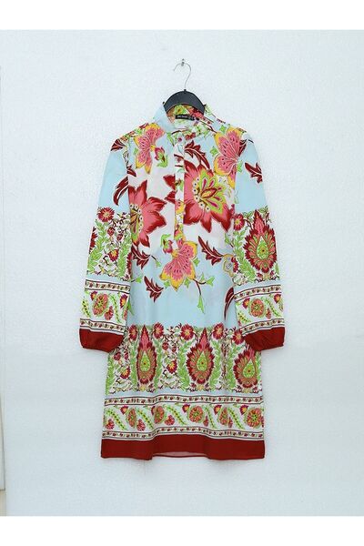 HİJABAYA Cotton Viscose Tunic - Floral Pattern, Half Button