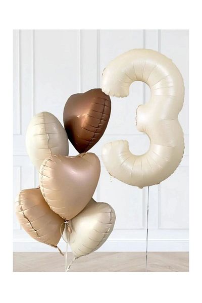 Çemrek Süs Parti Beige 3 Years Old Foil Balloon Cream Number Balloon Foil Heart Brown Tones Welcome Set