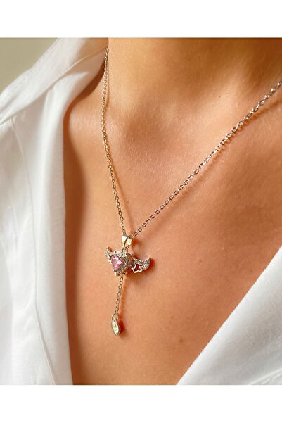 BilShine قلادة متحركة من الفولاذ المقاوم للصدأ بحجر الزركون الوردي وأجنحة الملاك