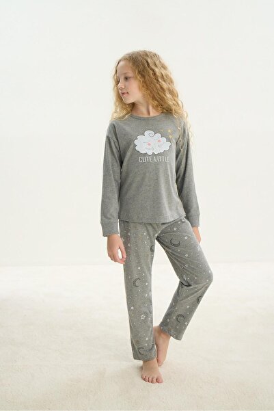 Sevim Сірий меланжевий комплект піжами для дівчаток - з довгими рукавами C6T9N6O8