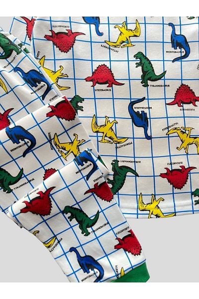 elmas kids Boy's 100% Cotton Colorful Dinosaur Pattern Pajama Set with Striped Sleeves and Legs