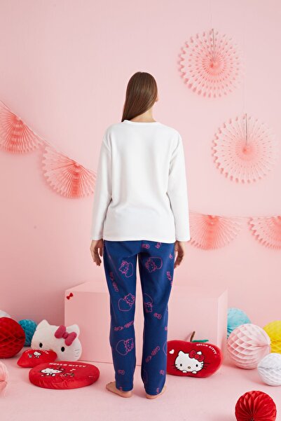Siyah İnci Hello Kitty Lisanslı Polar Beyaz Çok Renkli Bisklet Yaka Pijama Takım HK328