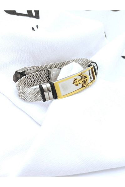 Herşey Nota Gold Colored Sailor Sailor - Anchor Figured, Mesh Cord, Stainless Steel Men's Bracelet