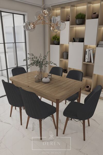 DEREN HOME Mabel Serisi, 80x132 Mutfak Ve Salon Yemek Masası Takımı + 6 Adet ...