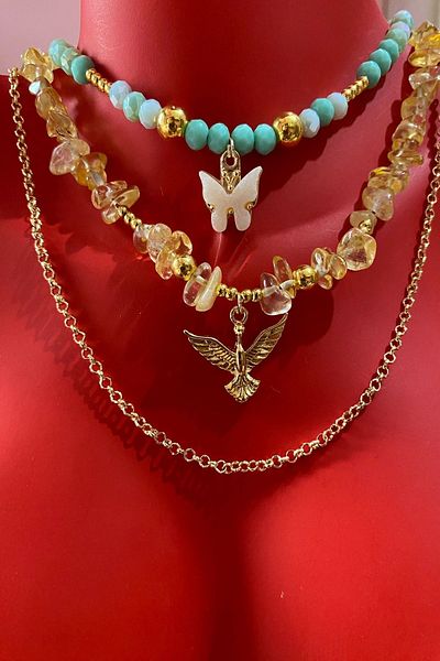 Bourgogne2021 Stainless Triple Natural Stone Necklace Set for Women