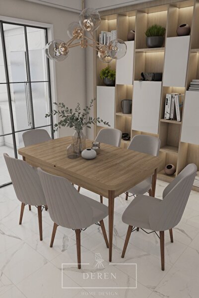 DEREN HOME Mabel Serisi, 80x132 Mutfak Ve Salon Yemek Masası Takımı + 6 Adet ...