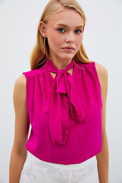 Sateen Sleeveless Blouse with Scarf - Fuchsia