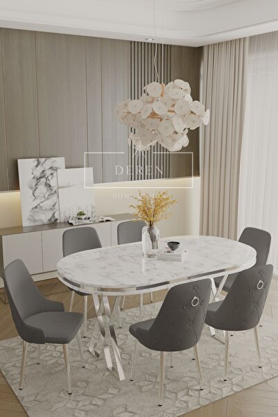 DEREN HOME Fe Serisi Lak Panel Beyaz Mermer Masa Krom Metal Ayak Masa Takımı ...