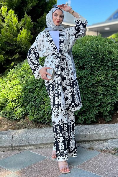 julude Viscose Hijab Kimono Σετ 2 τεμαχίων - Λευκό&Μαύρο σχέδιο
