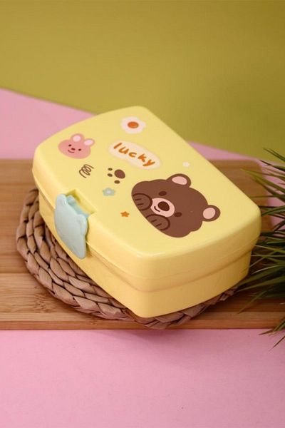 Ecrou 700 ml Yellow Lucky Bear Patterned Rectangular Storage Container with Fork and Spoon