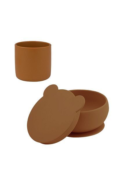 OiOi Bowl with Lid Woody Brown & Mini Cup