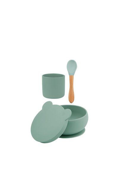 OiOi Mama Kaşığı River Green / Powder Grey & Kapaklı Kase & Mini Bardak