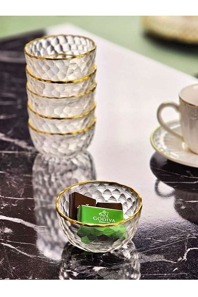 İnova Home Decor 6-Piece Dot Patterned Glass Mini Snack Bowl-Teapot Set - Gold Detailed