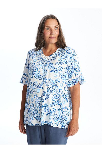 LC Waikiki Gemusterte Damenbluse mit V-Ausschnitt und kurzen Ärmeln