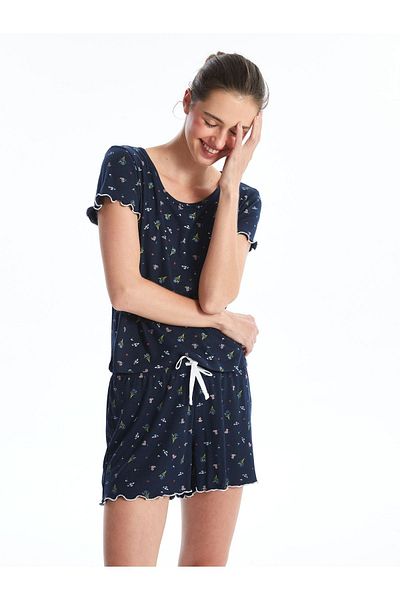 LC Waikiki Damen-Pyjama mit Blumendruck, Rundhalsausschnitt – kurze Ärmel und Shorts