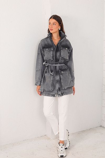 Melike Tatar Anthracite Denim Jacket - Pocket Detailed, Model 32-4002-1