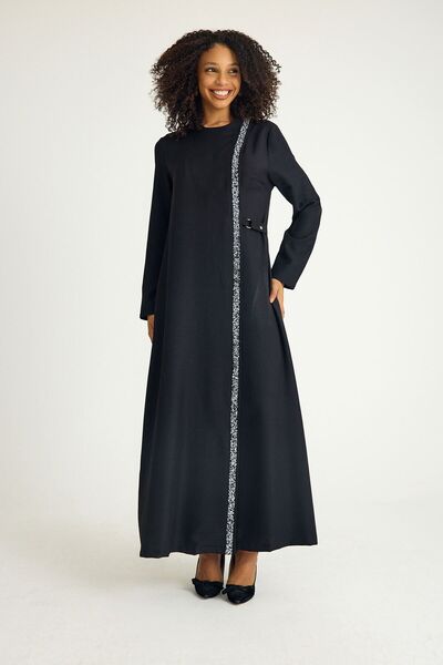 Fashion Showcase Taş Detay Bağcıklı Abaya Uzun Elbise  Ferace - Siyah