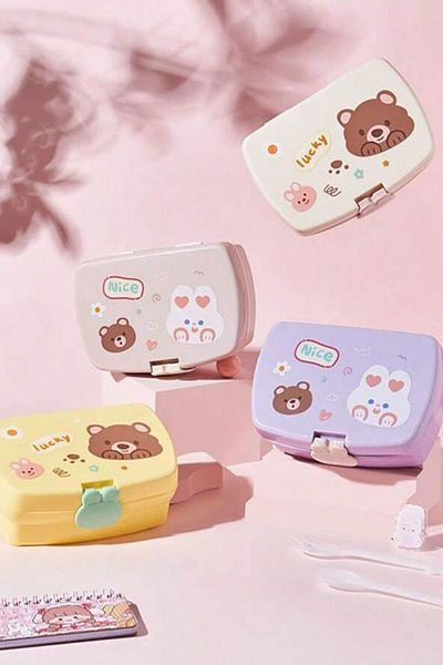 Ecrou Beige 700ml Storage Container - Lucky Bear Pattern, Rectangular Fork and Spoon Detail