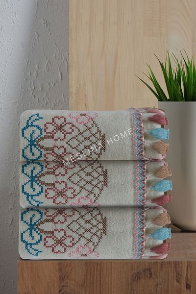 Meslina Home 3-Piece Cream Towel Set - Fringed and Embroidered, 30x50 cm