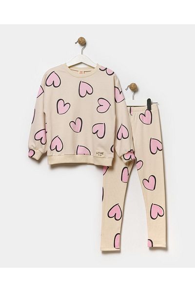 Minipodyum Heart Printed Girl's Sweatshirt and Tights - Cotton Set