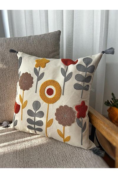 Soft Colours Bohemian Linen Throw Pillow - Authentic Punch Embroidered, 43X43 cm
