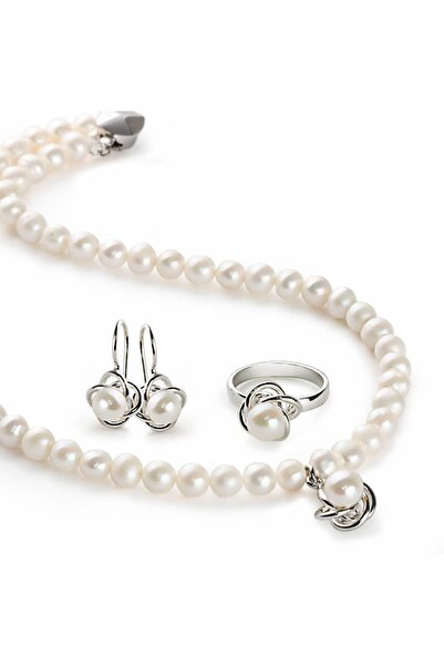 EJOYA Doğal Inci Kolye, Küpe, Yüzük 925 Ayar Gümüş Set 72202