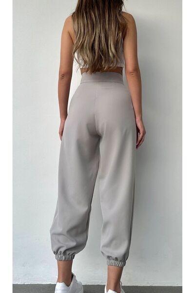 LEYLA SAĞLAM Women's Gray Velcro Belted Elastic Leg - Zippered Double Pleated Balloon Pants