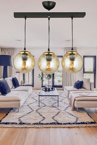 Kraliçe Sıralı Siyah 3'lü Bal Glop Camlı Sarkıt Lüks Avize