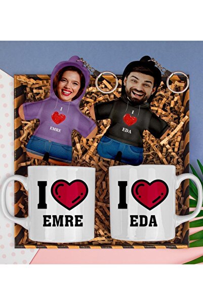 EJOYA Sevgiliye Özel Ikili Kupa & Fotoğraflı Peluş Anahtarlık Hediye Kutusu 112827