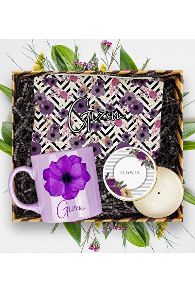 EJOYA Kişiye Özel Manolya Çiçeği Tasarım Kupa & Makyaj Çantası & Mum Hediye K...