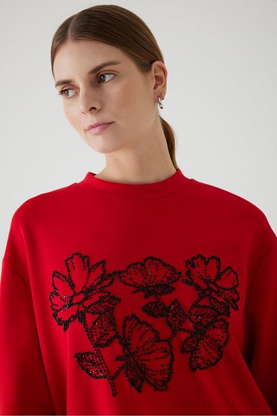 Exquise Red Knitted Dress - Embroidered and Oversize Lycra
