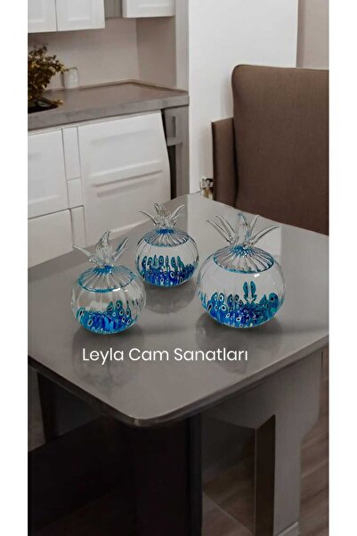 LEYLA CAM SANATLARI CAM ÜFLEME NAR 3 LÜ NAZAR BONCUKLU ÇİZGİLİ CAM