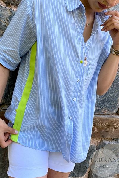 FURKAN EXCLUSIVE Blue Oversize Thin Shirt - Loose Fit with Side Button and Neon Stripe Detail (Buy 2 Sizes Small)