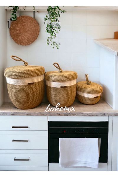 Bohemahomedecor Плетена кошница от юта с троен капак