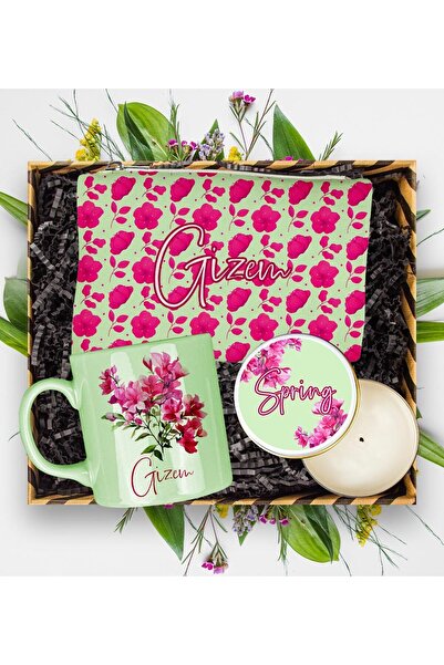 EJOYA Kişiye Özel Çiçek Tasarım Kupa & Makyaj Çantası & Mum Hediye Kutusu 113168