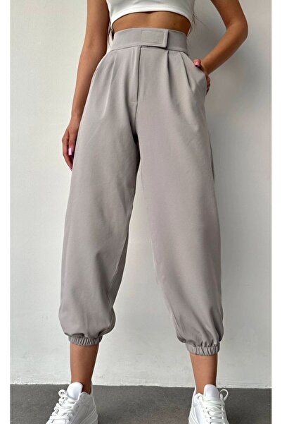 LEYLA SAĞLAM Women's Gray Velcro Belted Elastic Leg - Zippered Double Pleated Balloon Pants