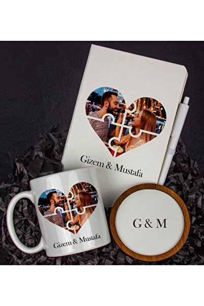 EJOYA Kişiye Özel Fotoğraf Baskılı Kalpli Defter Kalem Ve Kupa Set