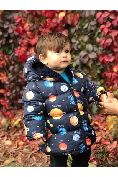 Mina Boys' Planet Patterned Printed Filled Inner Fleece Hooded Winter Inflatable Children's Coat & Coat