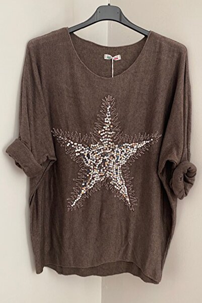 AYASOFYA OTANTIK Γυναικείο ιταλικό καφέ πουλόβερ με στρογγυλή λαιμόκοψη με παγιέτες και αστέρια, φαρδύ μακρυμάνικο πλεκτό πουλόβερ