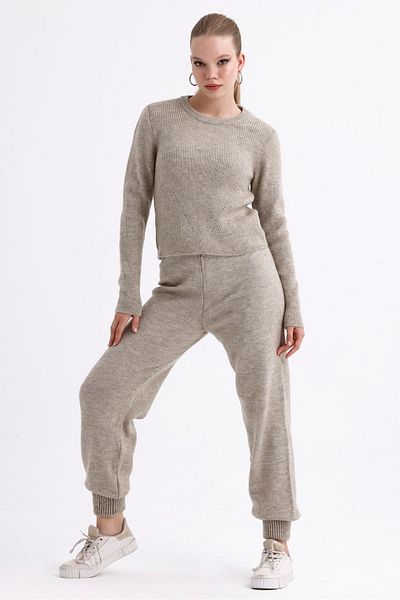 MD trend High Waist Women's Knitwear Pants and Crop Sweater Set - Lace-Up and Waist Elastic